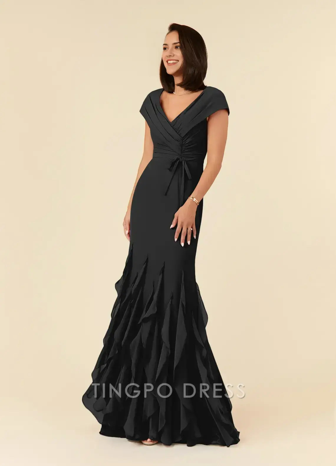 TingPo Wholesale Elegant V - Neck Mermaid Gown with Cap Sleeves Ruched Bodice and Ruffled Hem for Formal Occasions